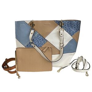 Calvin Klein Tan White Blue large reversible Pebbled Faux Leather Tote Bag